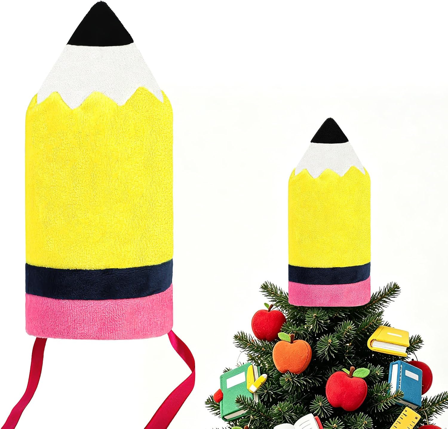 Pencil Back to School Tree Topper, 9inch Tall Velvet Pencil Tree Topper Decor for Party Home Office Classroom Student Teacher Indoor/Outdoor Tree Top Decoration Gifts