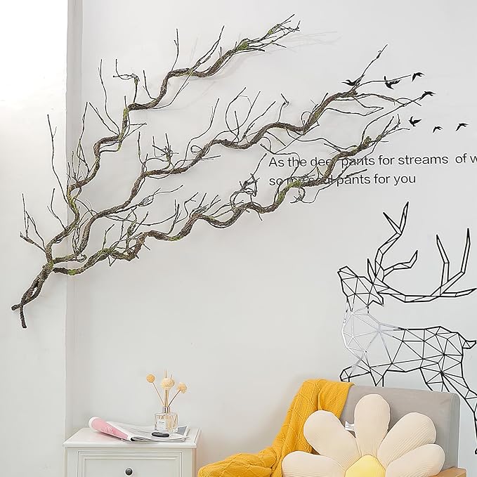180cm/70.86in Bendable Artificial Tree Branches Liana Vines Garland Rattan with Moss Fake Plants Twigs for Wall Hanging Home Room Outdoor Wedding Background Decoration
