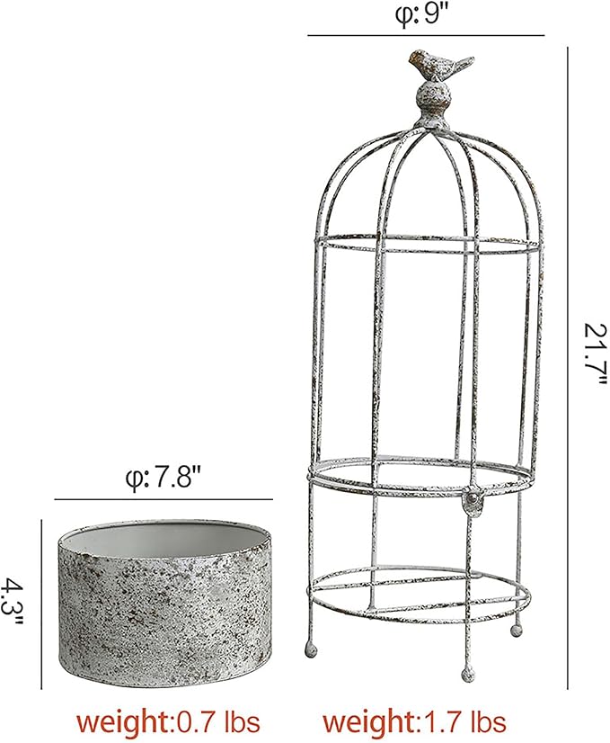 Vintage Rustic Birdcage Planter Stand, Farmhouse Distressed Decorative Metal Round Plants Holder, Outdoor Garden Flower Pot for Climbing Plants, Home Patio Yard Balconies Decor
