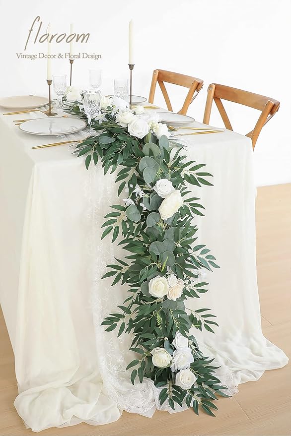 Floroom 6ft Artificial Eucalyptus Garland with Flowers Fake Greenery Faux Floral Vine Garland for Table Decor Wedding Centerpieces Bridal Shower Party Decorations, Ivory White