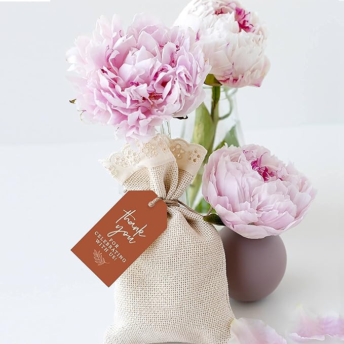 Andaz Press 100-Pack Thank You for Celebrating with Us Favor Tags Terracotta Cardstock Gift Tags with Bakers Twine for Wedding Baby Shower Bridal Shower Birthday Holiday Party Favors 2 x 3.75-Inches