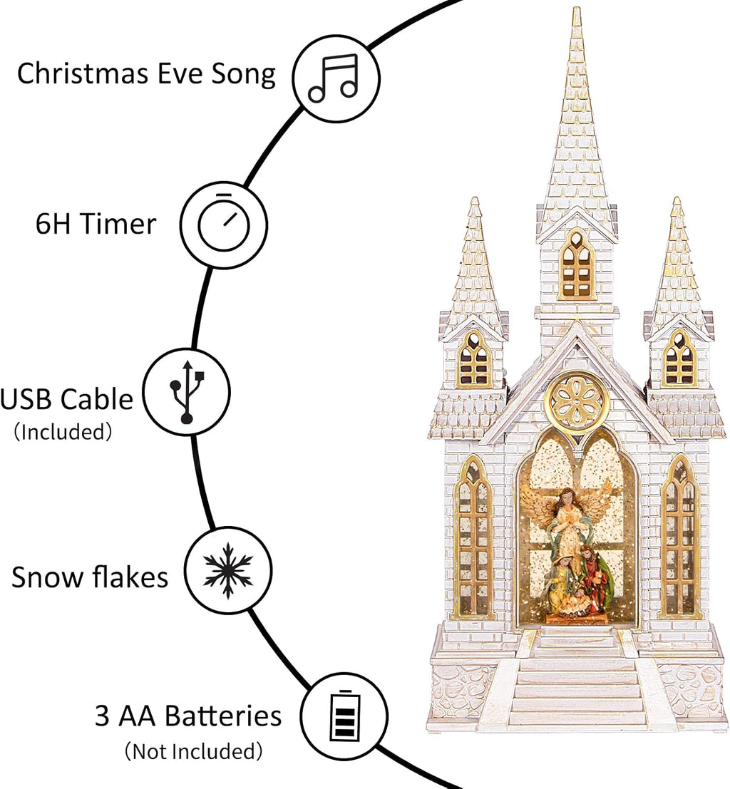DGSCAK 16" Lighted Musical Church Snow Globe, Nativity Scene Water Lantern with Hand-Painted Holy Family & Angel, Swirling Glitter, 6H Timer, USB or Battery, Christian Christmas Decor