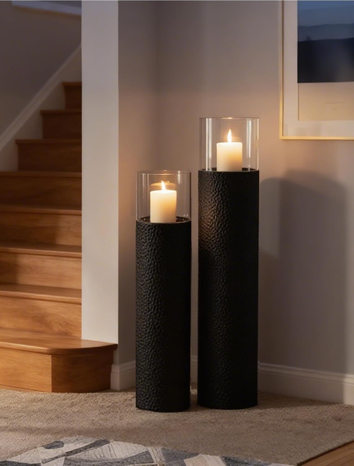 Sziqiqi Tall Floor Candle Holders: 34/27 inch Hurricane Pillar Candleholders Set of 2 for Home Decor - Large Black Cylinder Candle Stand for Outdoor Porch Living Room Fireplace