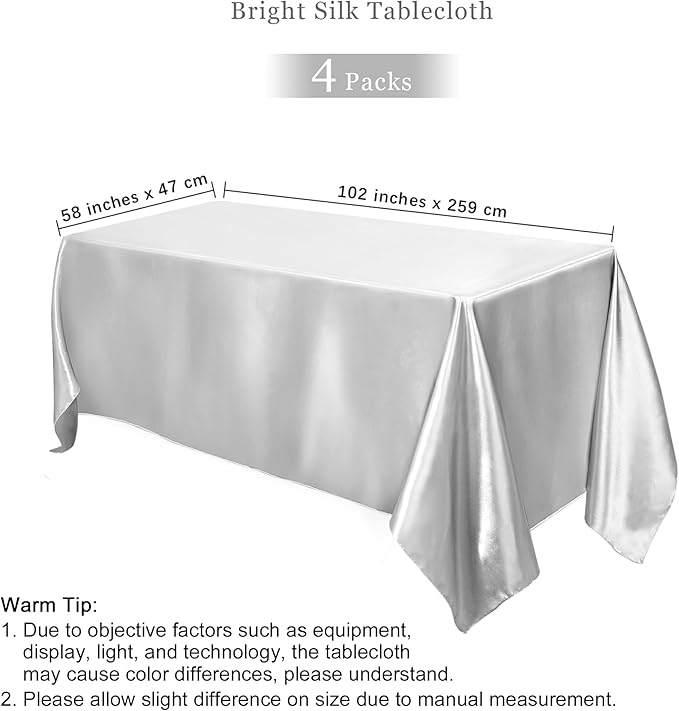 TURSTIN 4 Packs Silver Satin Tablecloth 102 x 58 Inch Overlay Satin Table Cover Rectangle Bright Silk Tablecloth Smooth Fabric Table Decoration for Wedding Banquet Party Events