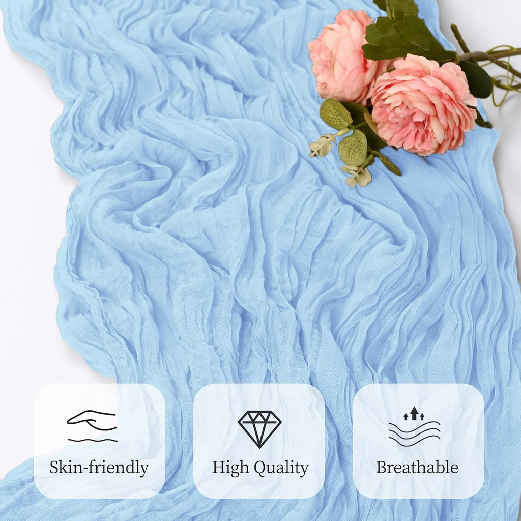 12 Pack Baby Blue Cheesecloth Table Runner 17x108 Inch Semi Sheer Boho Gauze Cheese Cloth Fabric Table Runners, for Wedding Party Baby Shower Birthday Home Decor Garden Farmhouse
