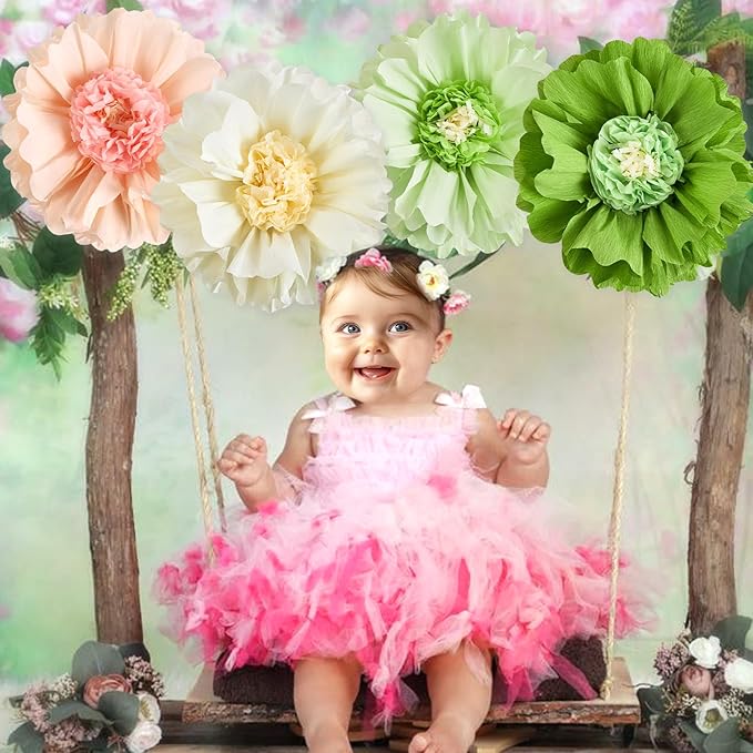 SUNBEAUTY 4 PCS 20" Sage Green Giant Paper Flowers Large Crepe Paper Tissue Flowers Artificial Decorations for Spring Summer Wall Backdrop Birthday Party Wedding Baby Shower Bridal Decorations