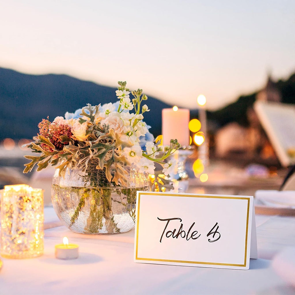50Pcs Place Cards, Table Name Cards with Gold Foil, Place Card for Table Setting Food Labels for Party Buffet, Wedding Places Card Tent Carded for Dinner Parties,Events, Bridal Shower(White)