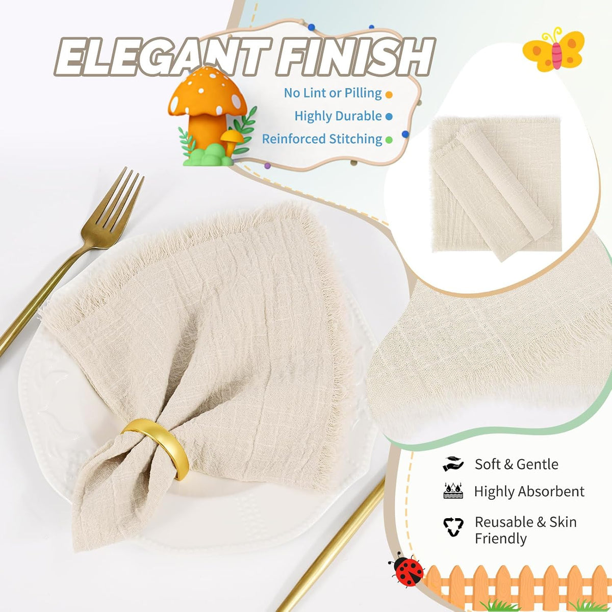 Showgeous 40 Pack Natural Cloth Napkins with Fringe 16x16 inch