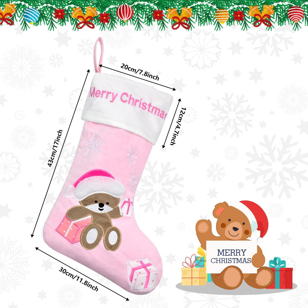 Christmas Stocking Baby First Christmas Stockings 20 Inch Pink Blue Kids Christmas Stockings with Bear Embroidered Children Christmas Stocking with Gift Box for Boys Girls Large Xmas Stocking