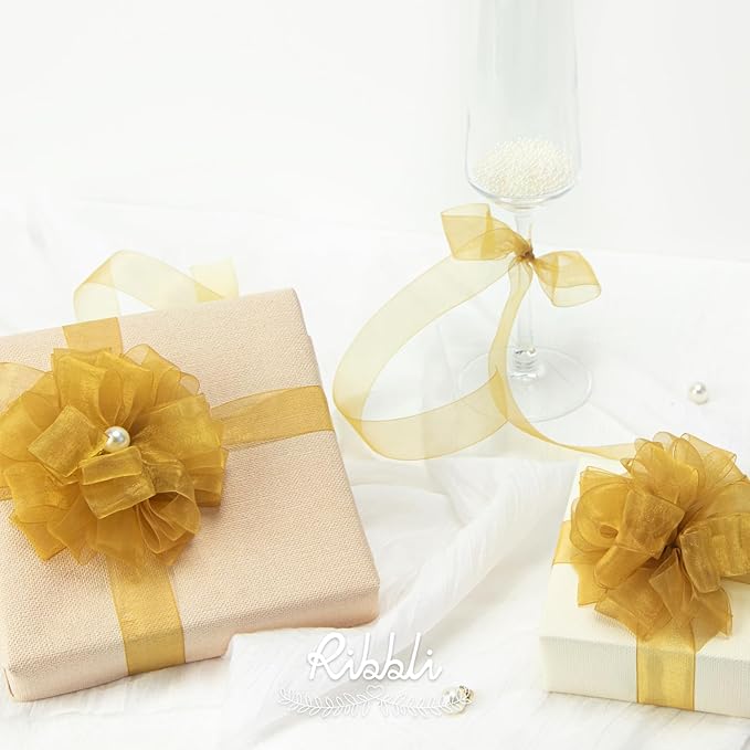 Ribbli Pale Gold Organza Ribbon,1/2 Inches x Continuous 50 Yard, Gold Sheer Ribbon for Gift Wrapping,Cookie Wrapping,Wedding Decoration,All Crafting and Sewing