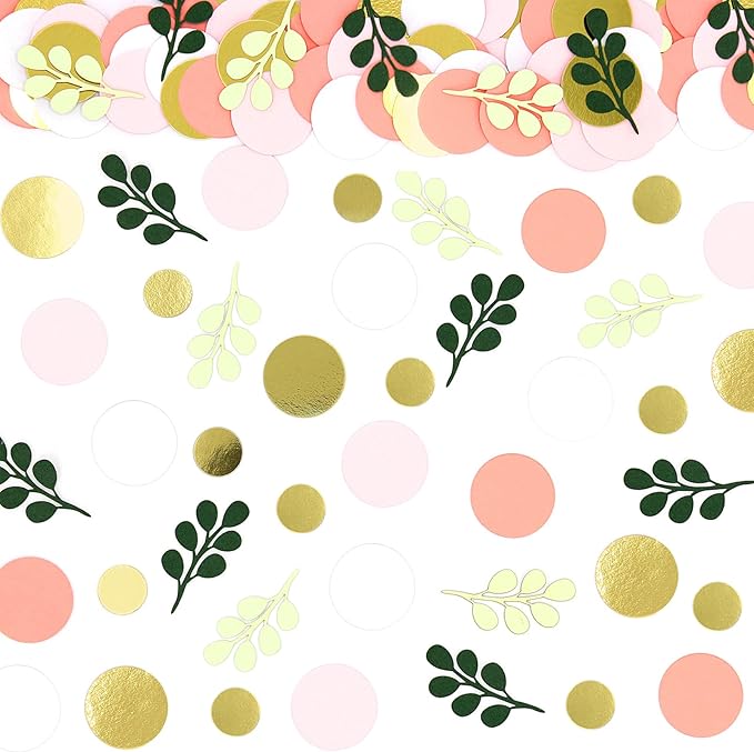 300PC Sage Green Gold Pink Round Dots Confetti for Girl Baby Shower Decorations Greenery Eucalyptus Scatter Birthday Decorations for Women Bridal Shower Wedding Confetti Party Decor Supplies