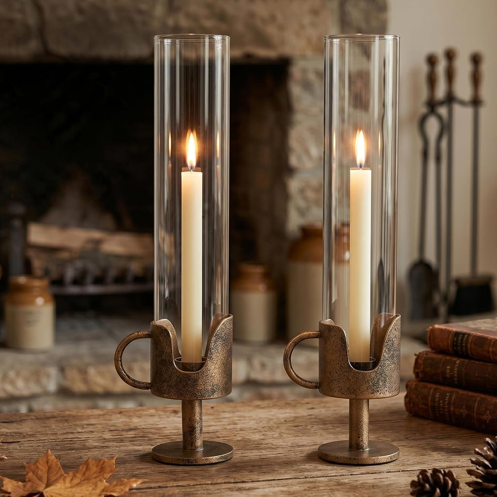 Antique Brass Hurricane Candle Holders with Clear Glass Tube, Set of 2 Vintage Taper Candlestick Holders for Dining Table Centerpiece & Fireplace Mantle Decor, 13.2" Tall