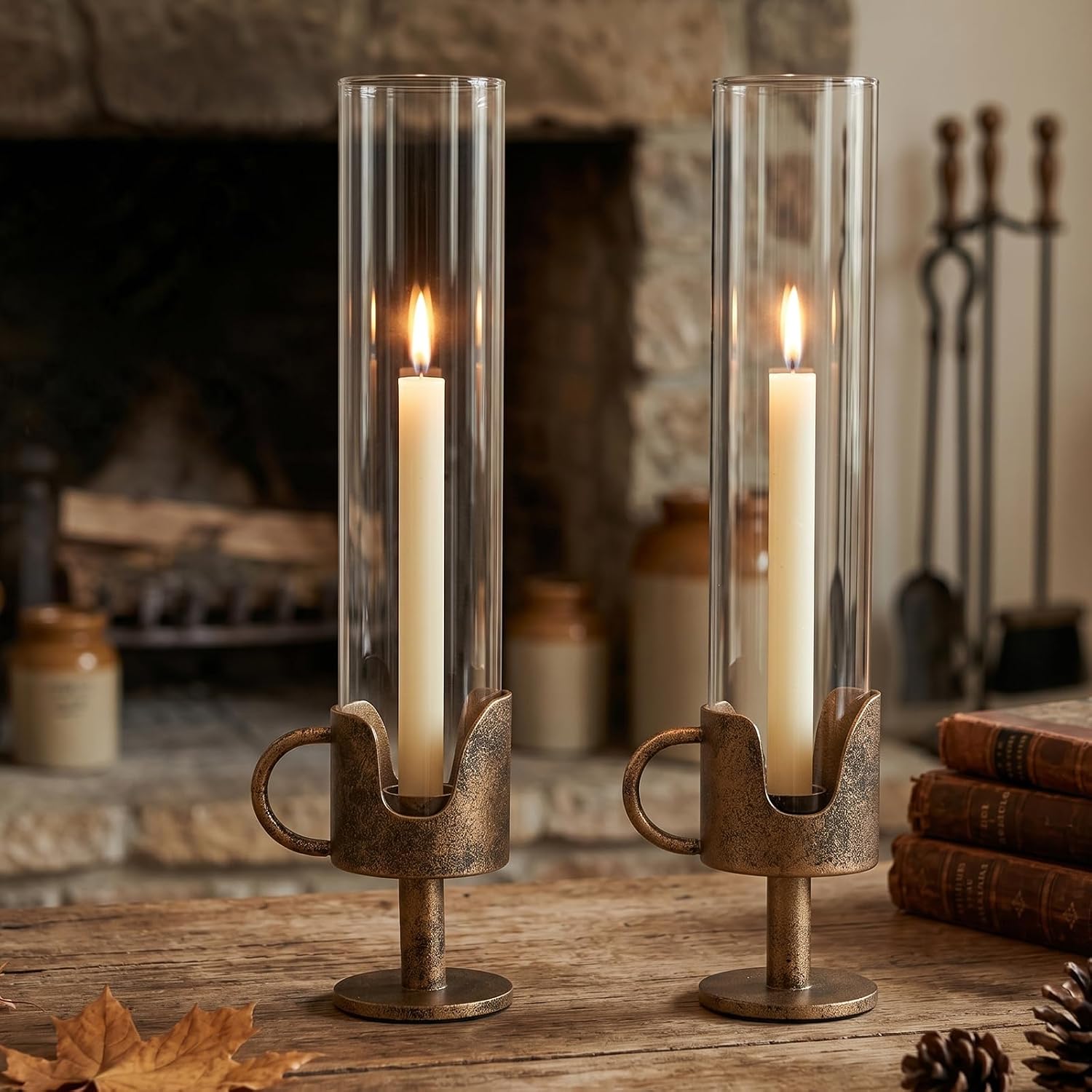 Antique Brass Hurricane Candle Holders with Clear Glass Tube, Set of 2 Vintage Taper Candlestick Holders for Dining Table Centerpiece & Fireplace Mantle Decor, 13.2" Tall
