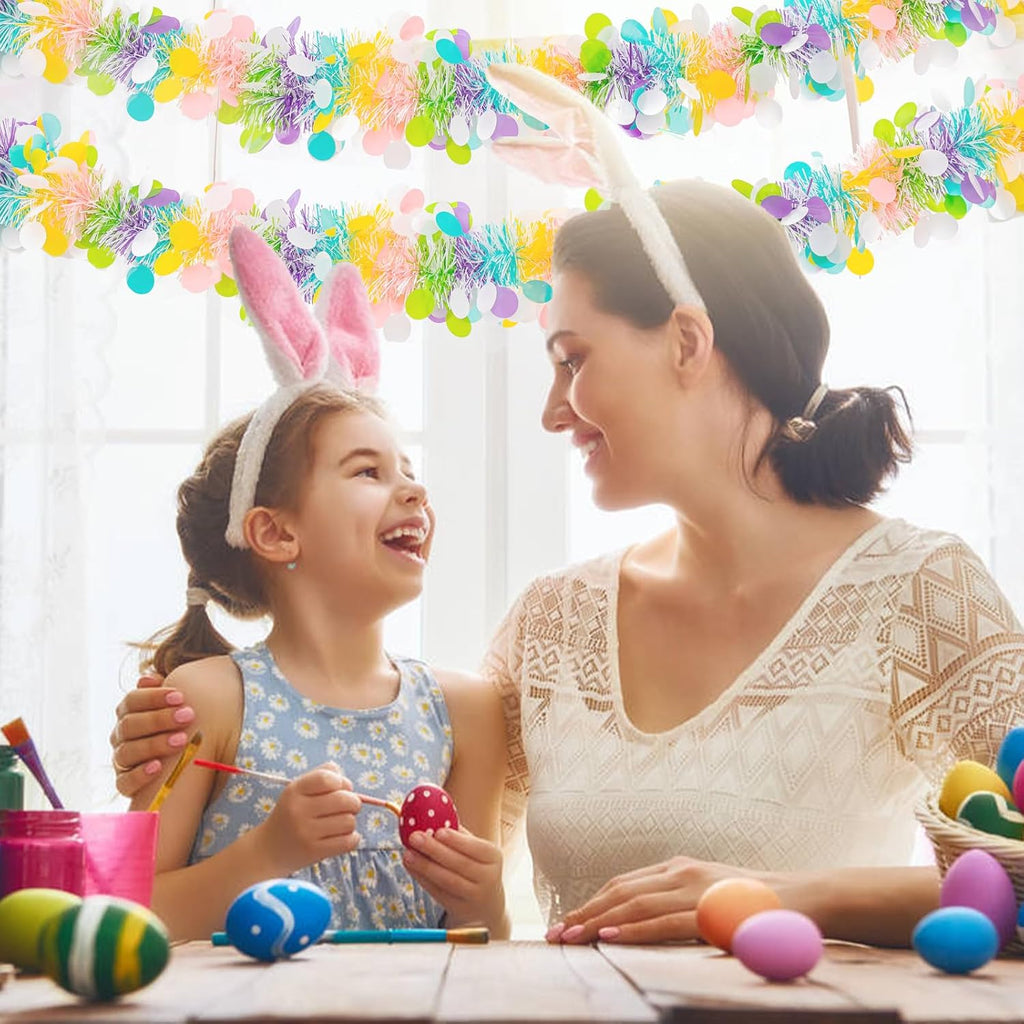 33FT Easter Tinsel Garland Colorful Easter Egg Metallic Twist Tinsel Garland with Confetti Spring Hanging Tinsel Garland Decoartion for Easter Tree Stair Mantle Party Supplies