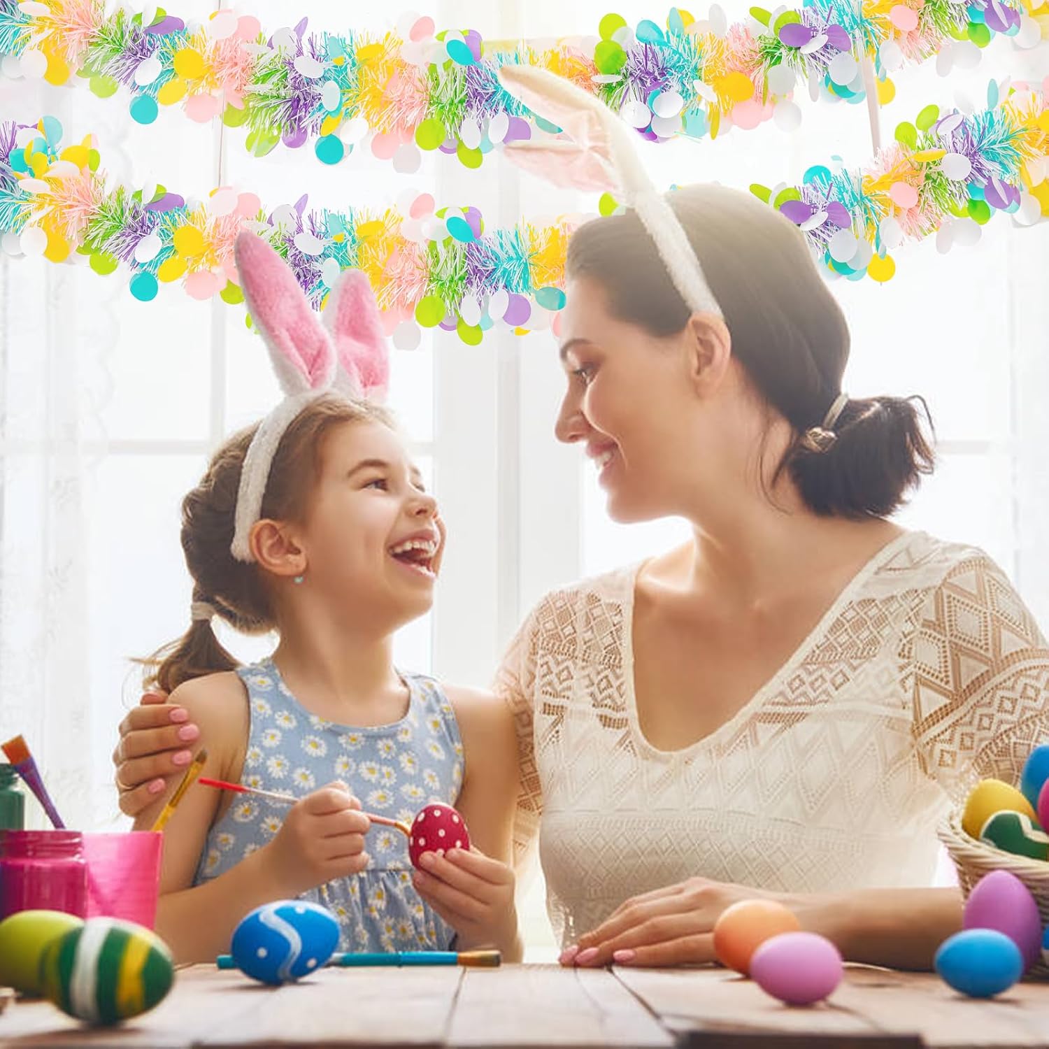 33FT Easter Tinsel Garland Colorful Easter Egg Metallic Twist Tinsel Garland with Confetti Spring Hanging Tinsel Garland Decoartion for Easter Tree Stair Mantle Party Supplies