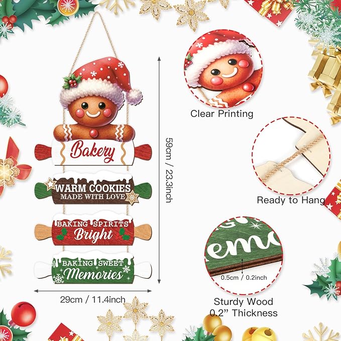 CHDITB Wooden Gingerbread Bakery Christmas Door Hanger, Rustic Christmas Wall Hanging Sign with Cookies Rolling Pin Warm Saying, Farmhouse Xmas Winter Holiday Decor for Indoor Outdoor