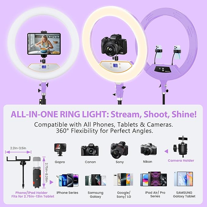 Ring Light 22inch Kit: Ring Light Tripod for iPhone ipad, with 75" Tripod/LCD Display/2 USB Ports Overhead Phone Mount for Video Recording, Zoom Meeting,YouTube,TikTok (Purple)
