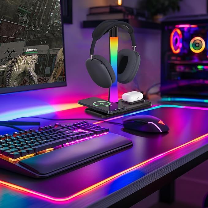 Headphone Stand with Wireless Charger,Gaming HeadsetStand with RGB Light Mode,AirpodMaxStand Compatible with Airpod Pro/3/2,iPhone 16/15/14/13/12/11,Samsung,Gifts for Gamers and Music Lover