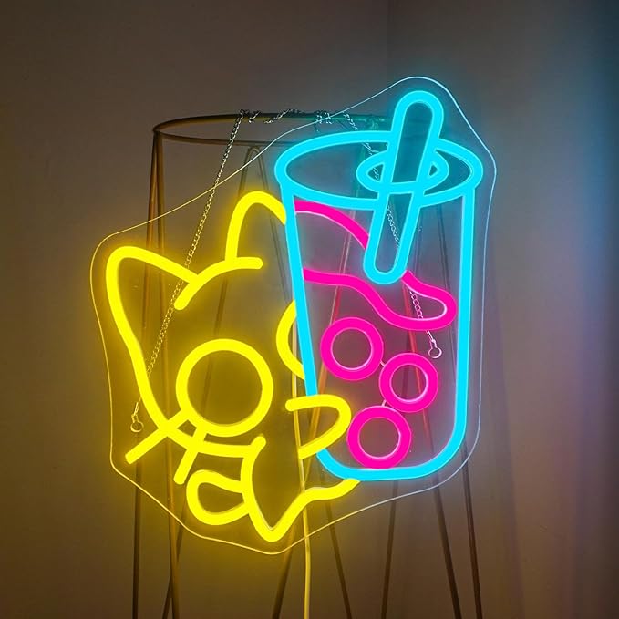 Looklight Cat Boba Tea Neon Sign,Yellow Cute Kitty Bubble Tea Neon Signs for Wall Decor,Dimmable LED Neon Light Bar Sign,USB Light Up Signs for Dimsum Store Bar Milk Tea Shop