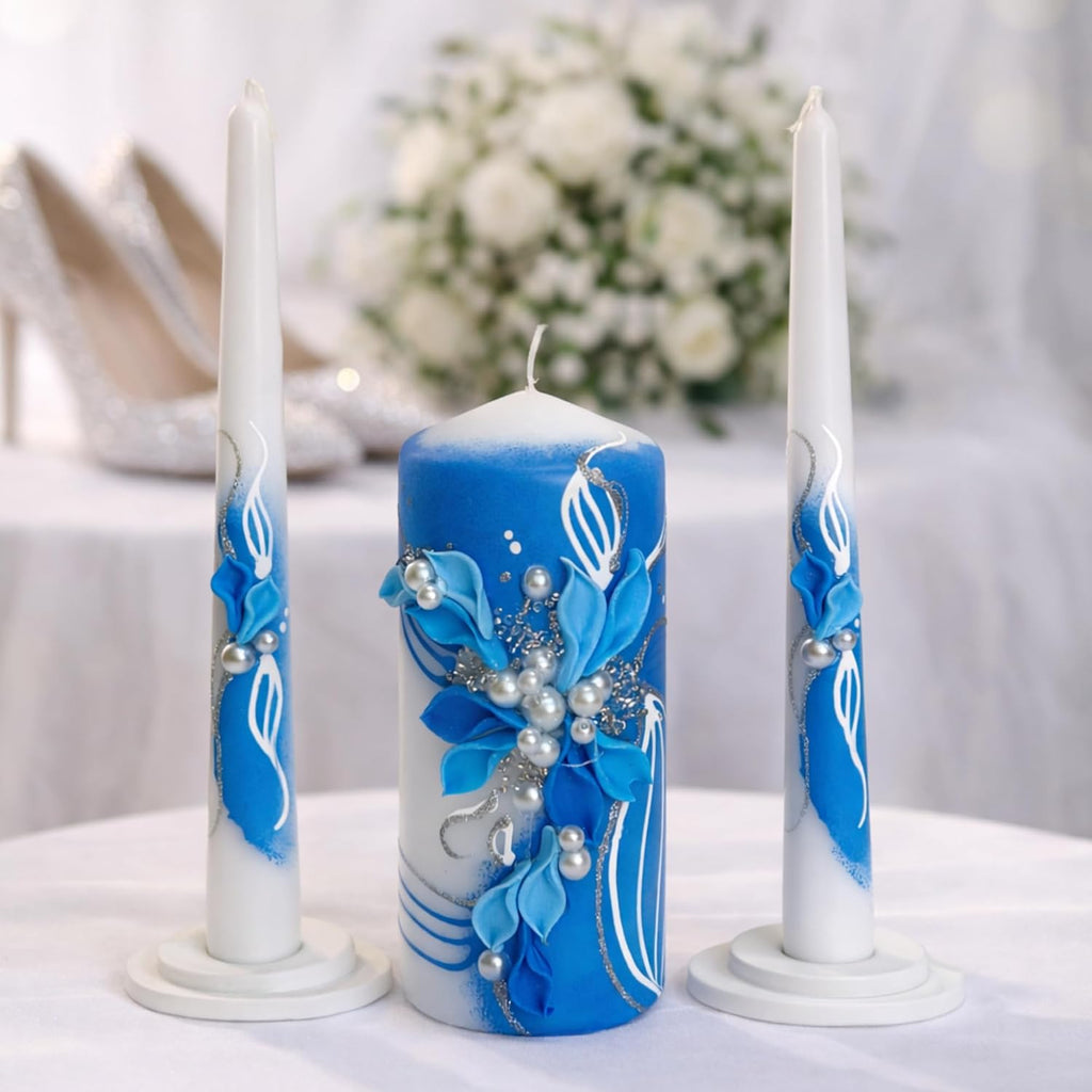 Unity Candle Set for Wedding Ceremony & Reception – 6” Pillar & Two 10” Taper Candles – Wedding Decor for Reception and Church Services – Handmade in USA –White | Royal Blue