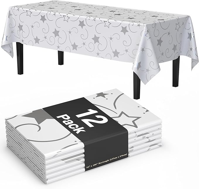 Exquisite Silver Star Tablecloth Plastic 12-Pack Disposable Rectangle Tablecloths 54" x 108" Silver Star Table Cloths Rectangle Table Covers Plastic Tablecloth for Party Decorations