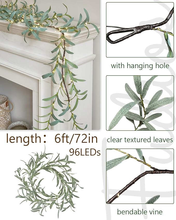 Fudios Lighted Olive Garland Battery Operated with Timer 96 LED Fairy Lights 6ft, Mantle Fireplace Vine Garland with Lights for Spring Easter Decoration Christmas Valentines Wedding Party