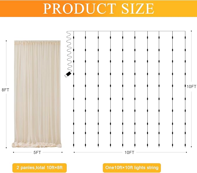 Tulle Backdrop Curtains with Lights String 10FT X 8FT Champagne Sheer Curtain with Lights Tulle Curtains Backdrop for Wedding Birthday Party Photo Shoot (2 Panels 5x8FT)