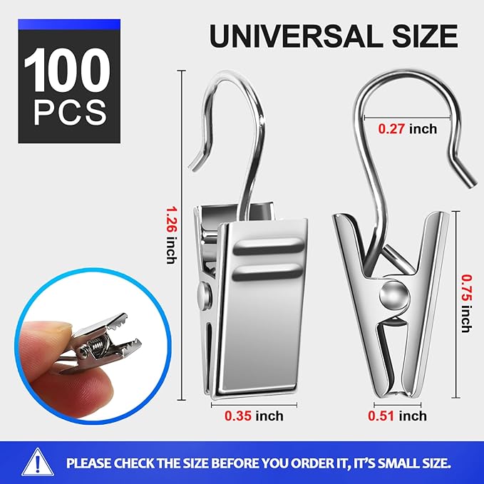 Teenitor 100 PCS Small Curtain Hooks Curtain Clips Bag Clips, Stainless Steel Curtain Rod Hooks, S Hooks for Hanging Drapes Photos Tent Lights Party Decorations Art Craft, Silver