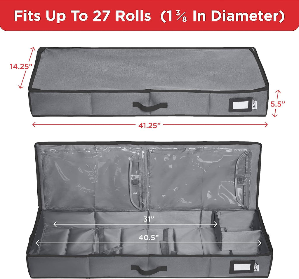 HOLDN’ STORAGE Premium Wrapping Paper Storage Container - Durable 600D Tear-Proof, Fits 27 Rolls Gift Wrap, Extra Pockets for Ribbons & Bows, Underbed Storage - Ideal for Holiday Christmas, Gray