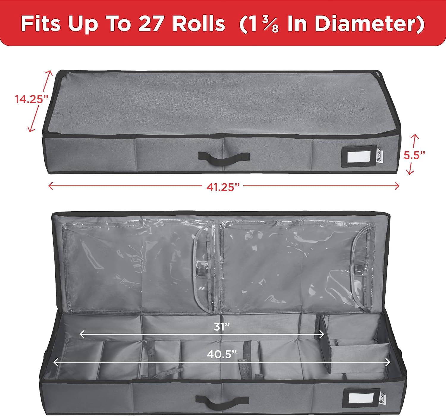 HOLDN’ STORAGE Premium Wrapping Paper Storage Container - Durable 600D Tear-Proof, Fits 27 Rolls Gift Wrap, Extra Pockets for Ribbons & Bows, Underbed Storage - Ideal for Holiday Christmas, Gray