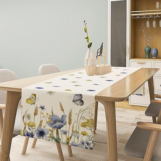 Floral Table Runner, Spring Watercolor Flower Plants Nature Butterfly Table Runner for Kitchen Dinner Living Room Home Party, 13x60 Inch