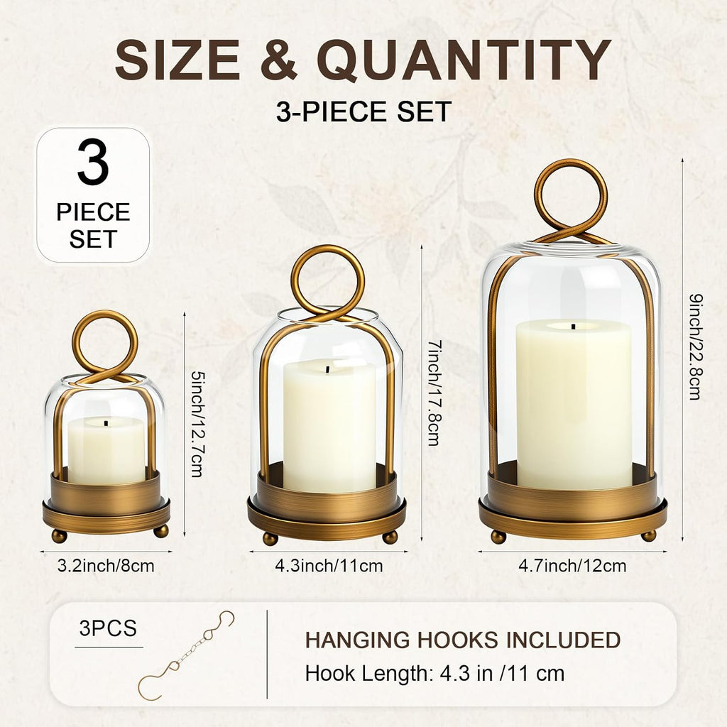 Woanger 3 Set Glass Pillar Candle Holder Set with Hanging Hooks, 5"/7"/9" Metal Candle Lantern with Glass Dome, Designed for Flameless LED Candles, Table Centerpiece Home Wedding Decor (Vintage Brass)