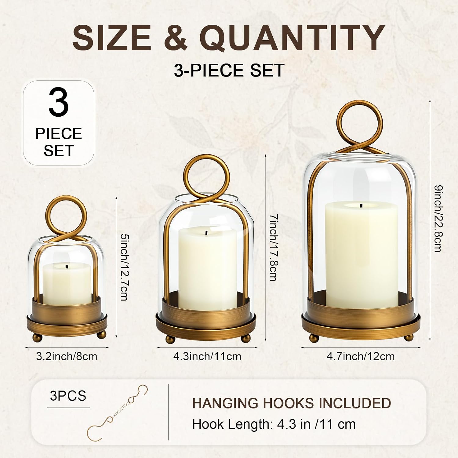 Woanger 3 Set Glass Pillar Candle Holder Set with Hanging Hooks, 5"/7"/9" Metal Candle Lantern with Glass Dome, Designed for Flameless LED Candles, Table Centerpiece Home Wedding Decor (Vintage Brass)