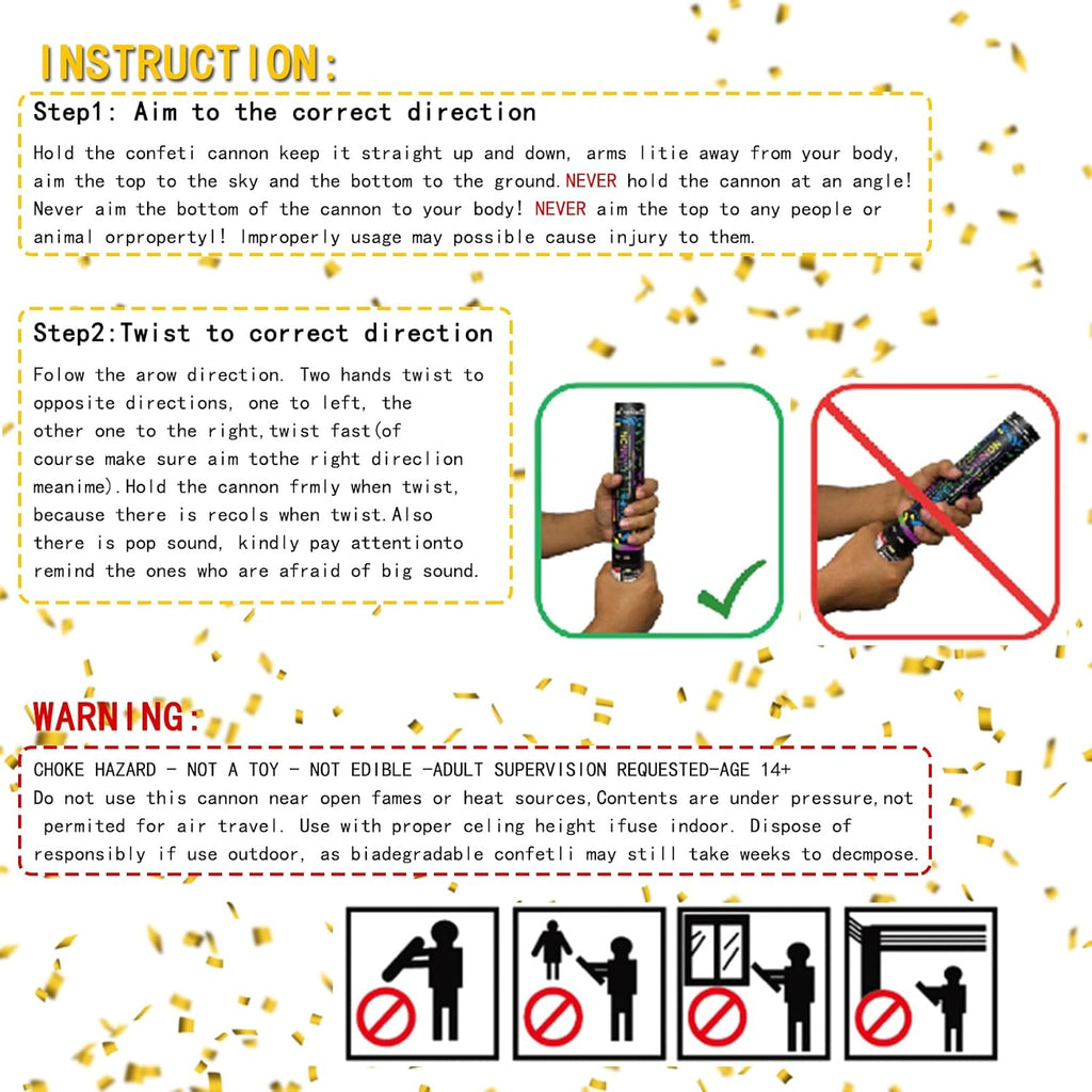 12" Black and Gold Confetti Cannon Party Poppers - 2 Pack | Birthday Graduation Wedding Retirement New Year Celebrations - Easy to Use