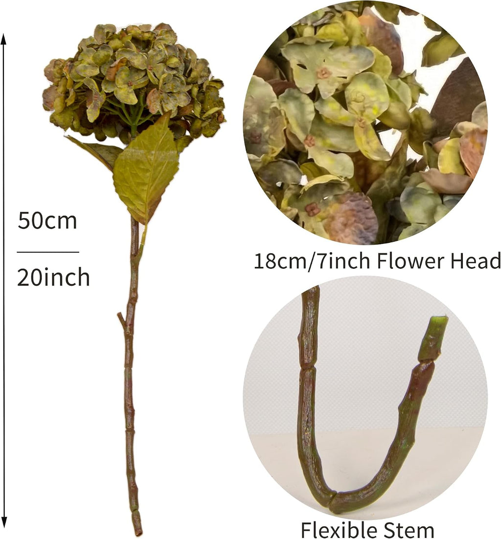 Fall Artificial Dried Hydrangea Flowers, Vintage Green Dried Look, Fall Faux Flowers, Single Stem (Autumn Green, 4pcs)