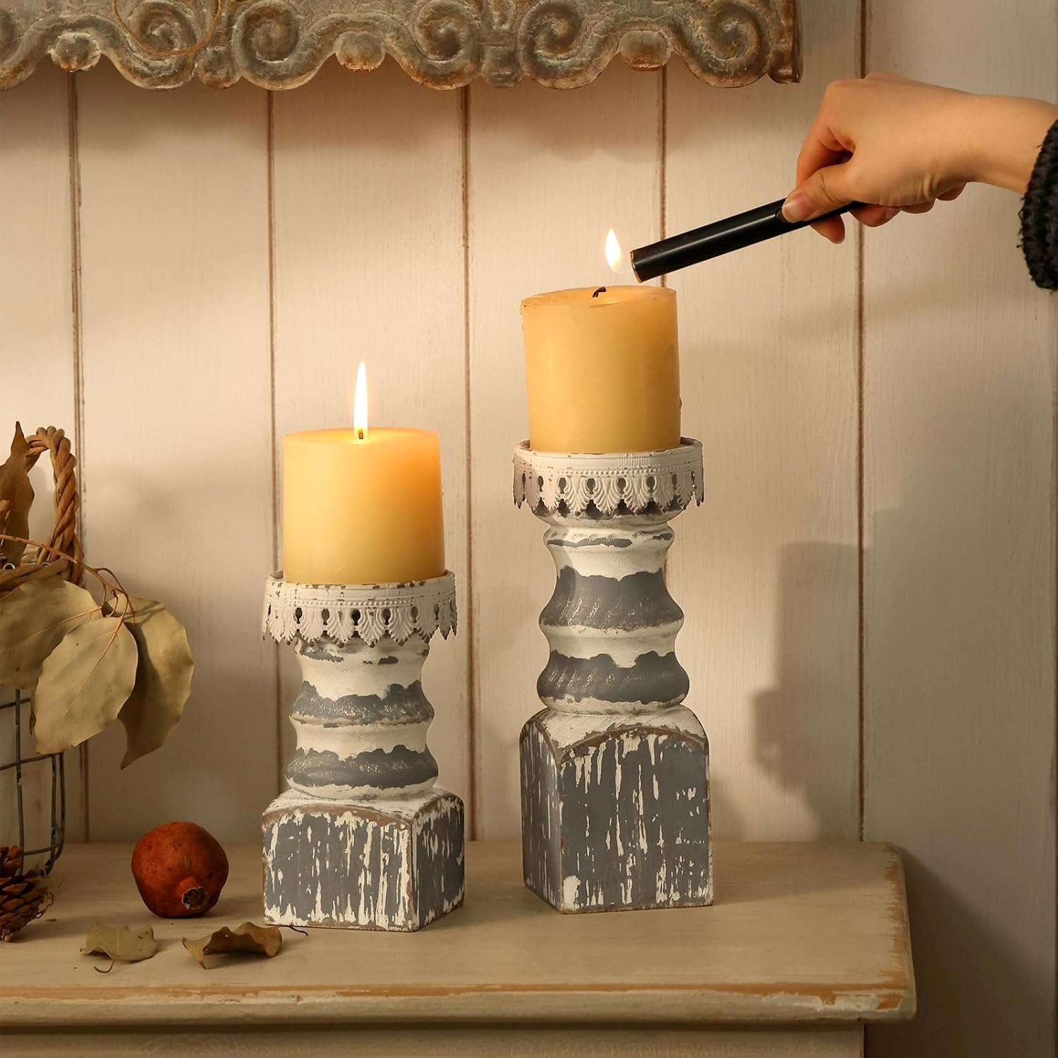 NIKKY HOME Farmhouse Rustic Solid Wood Pillar Candle Holders Set of 2, Grey | Distressed Wooden Candle Pedestals, Decorative Pillar Stands for Mantels, Fireplaces, Centerpieces Tables, Shabby Chic Decor