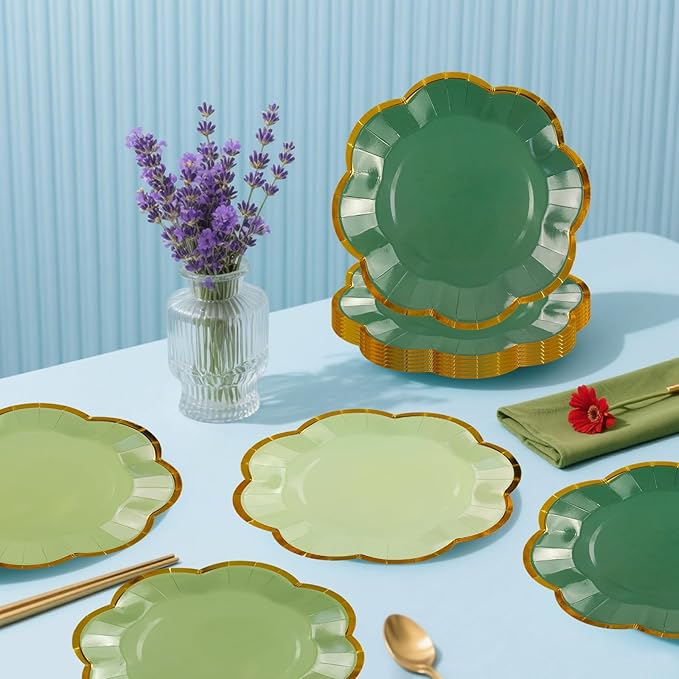 48Pcs Sage Green Scalloped Party Plates - 7inch Gold Foil Gradient Green Dessert Paper Plate Disposable Cake Plates for Birthday Bridal Baby Shower Wedding Party Decorative Supplies