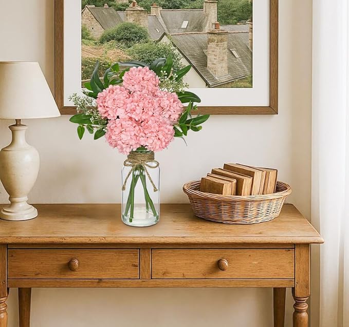 Hollyone Pink Hydrangea Artificial Flowers in Clear Glass Vase with Faux Water Silk Hydrangeas Fake Flowers Floral Arrangement for Home Bathroom Kitchen Office Table Centerpiece Shelf Decorations