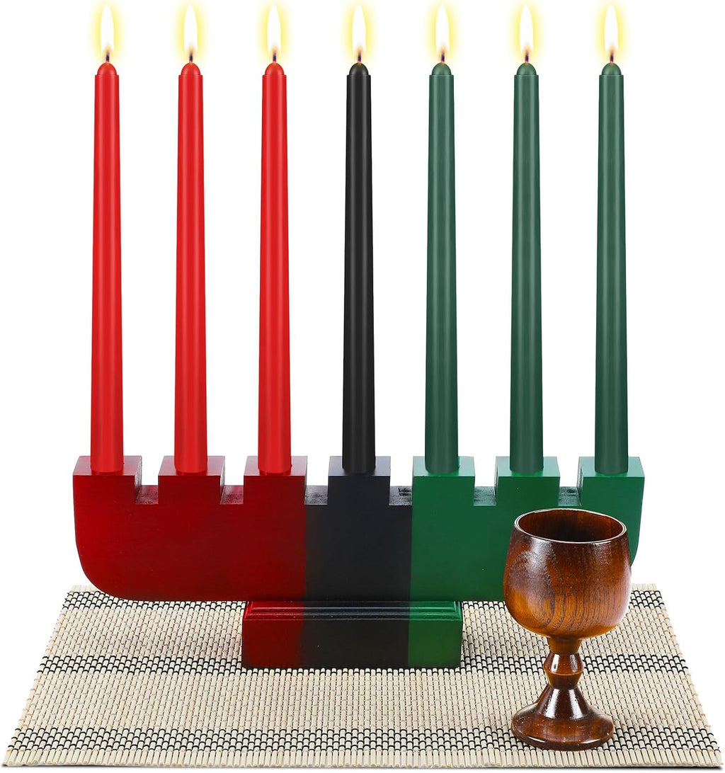 Zubebe 10 Pcs Kwanzaa Kinara Set 3 Red 3 Green 1 Black Kwanzaa Candle Set Kinara Bamboo Table Mat Candle Holder Wooden Wine Goblet for Celebration Decoration(Red Green Black)