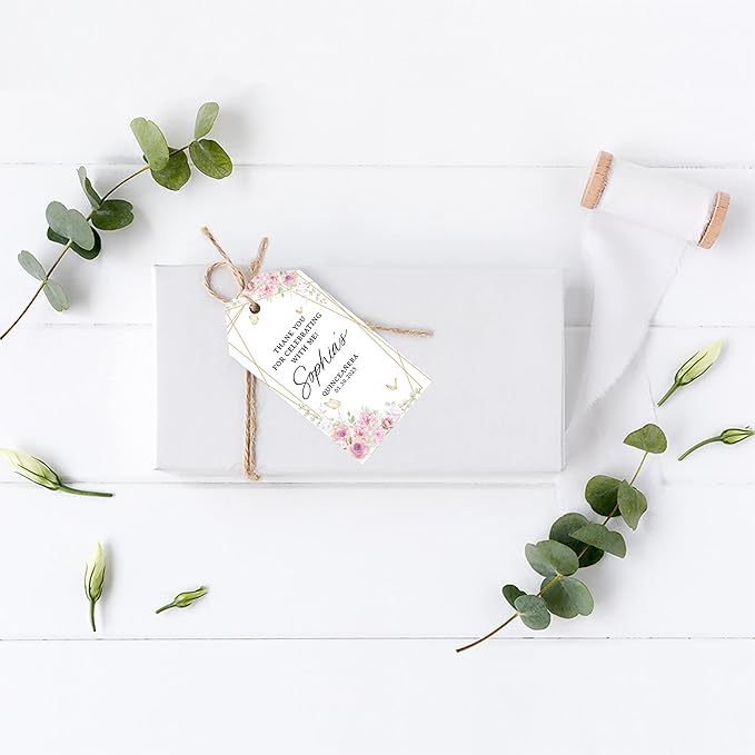 Andaz Press 40-Pack Personalized Quinceañera Favor Tags with String, Butterflies & Florals Custom Classic Thank You Gift Tags for Mis Quince Años XV 15th Birthday Favor Gifts, Decorations