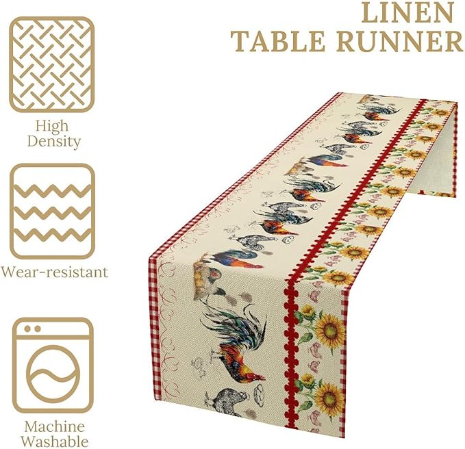 Rustic Rooster Table Runner,Vintage Country Farm Sunflower Chicken Red Plaid Print Tablecloth Burlap for Hotel Indoors Outdoor Dining Room Kitchen Home Decor,W13X L90 in