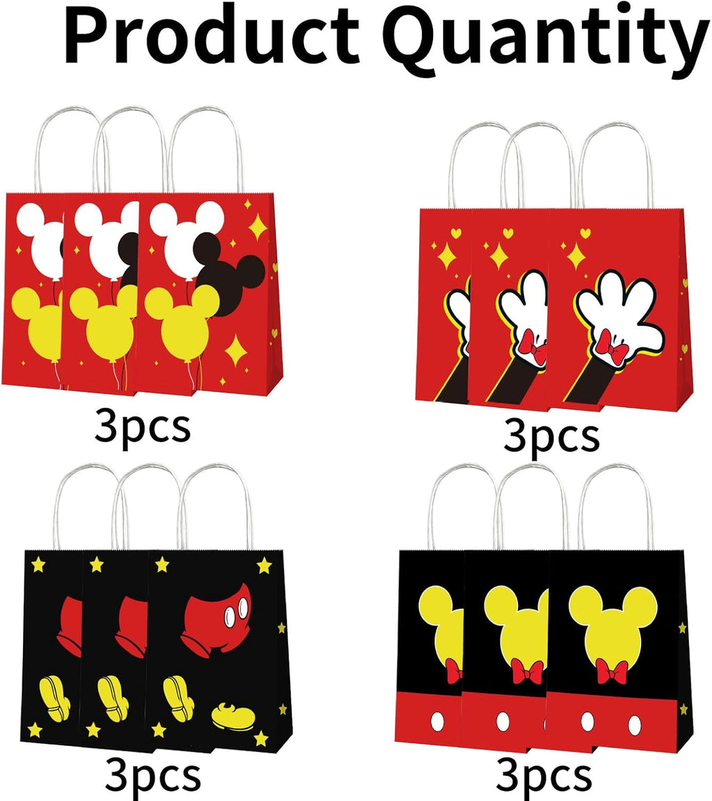 EBWHOLE 12 Pcs Cute Mouse Party Favor Bags, Cartoon Birthday Party Supplies Including 4 Patterns Double Sided Printed Candy Goodie Treat Bags with Handl (A)