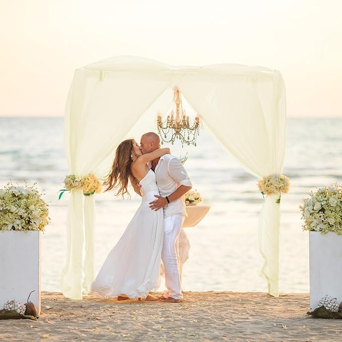VOK Wedding Arch Draping Fabric Chiffon Curtains, 29in x 18Ft Sheer Chiffon Outdoor Curtain for Wedding Ceremony Birthday Party Decoration (Light Yellow,4 Panel)