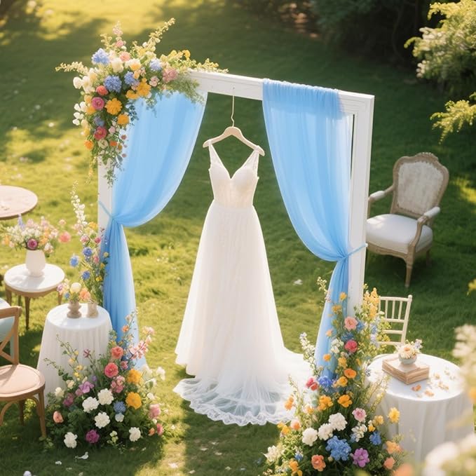 VOK Blue Wedding Arch Draping Fabric Chiffon Fabric, 29in x 18Ft 2 Panels Sheer Chiffon Outdoor Curtain for Wedding Ceremony Birthday Party Decoration (Blue,2 Panel)
