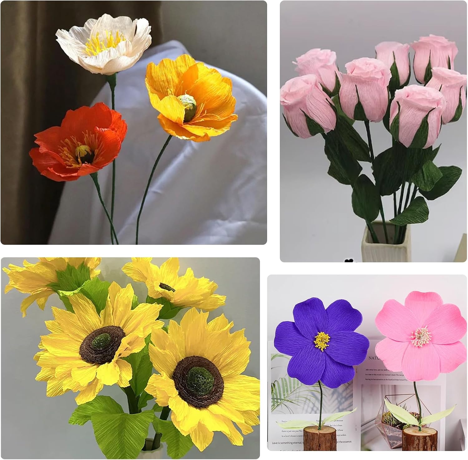 Cieovo Crepe Paper Flower DIY Kits, 12 Rolls Bright Colors Crepe Paper Rolls Floral Tape and 50 Green Floral Iron Wire for Wedding Festival Party Wreath Making Supplies DIY Flower Crafts