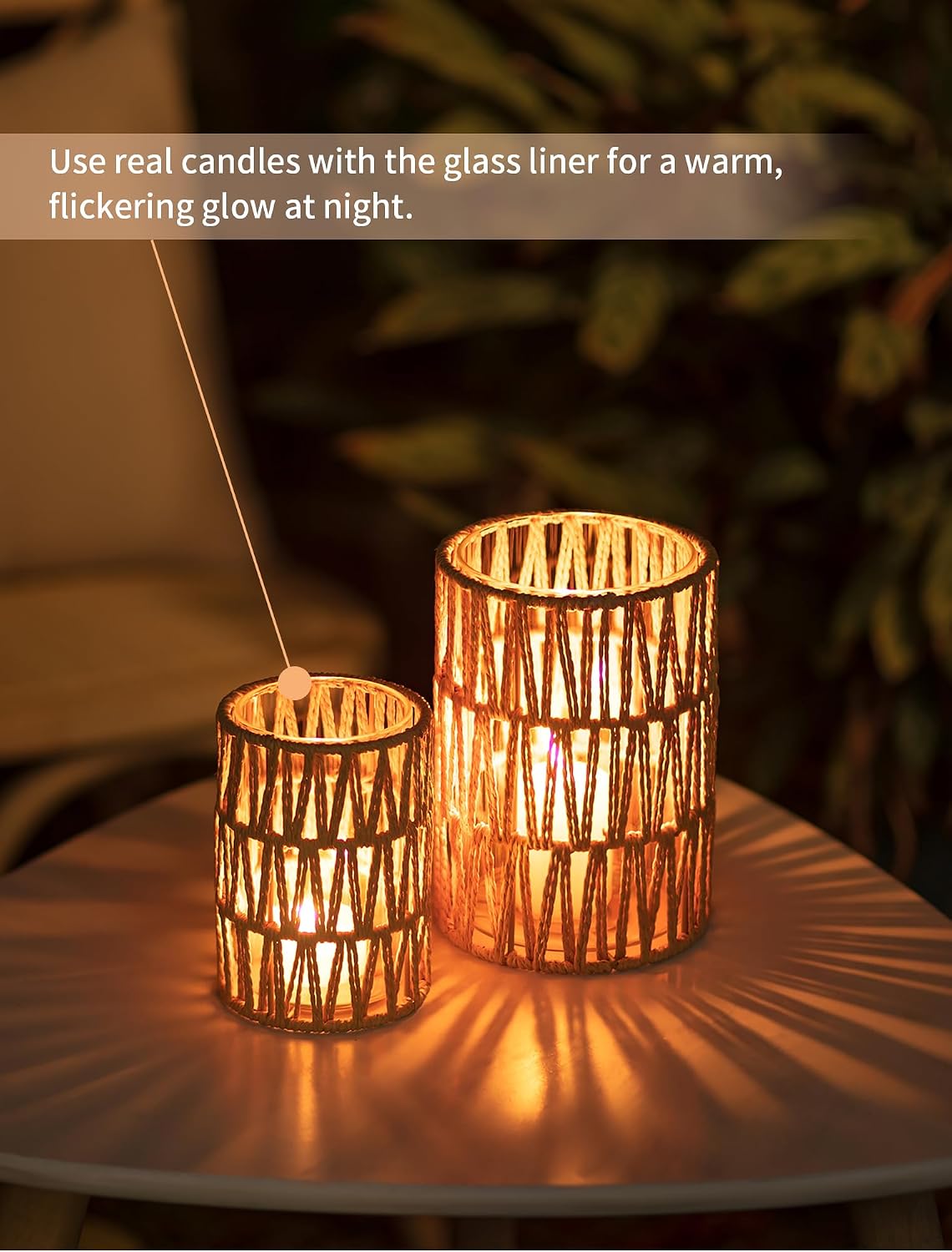 NUPTIO Rattan Boho Hurricane Lanterns: Set of 2 Pillar Candle Holders with Glass Cylinders- Farmhouse Vases for Home Coffee Table Centerpieces Decor