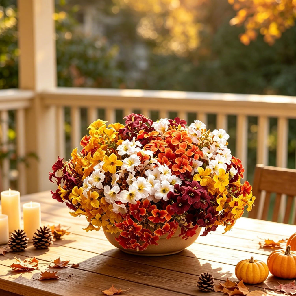 16 bundles artificial fall flowers, uv resistant faux, side view