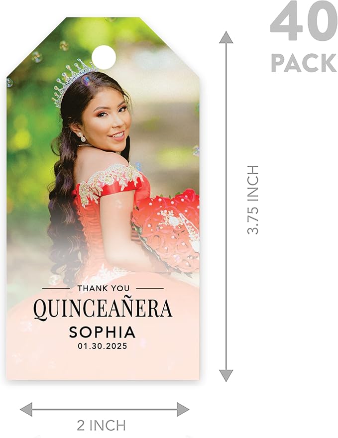 Andaz Press 40-Pack Personalized Quinceañera Favor Tags with String, Classic Thank You Gift Tags with Custom Photo for Quince Años, XV, 15th Birthday, Favor Gifts, Quinceanera Decorations