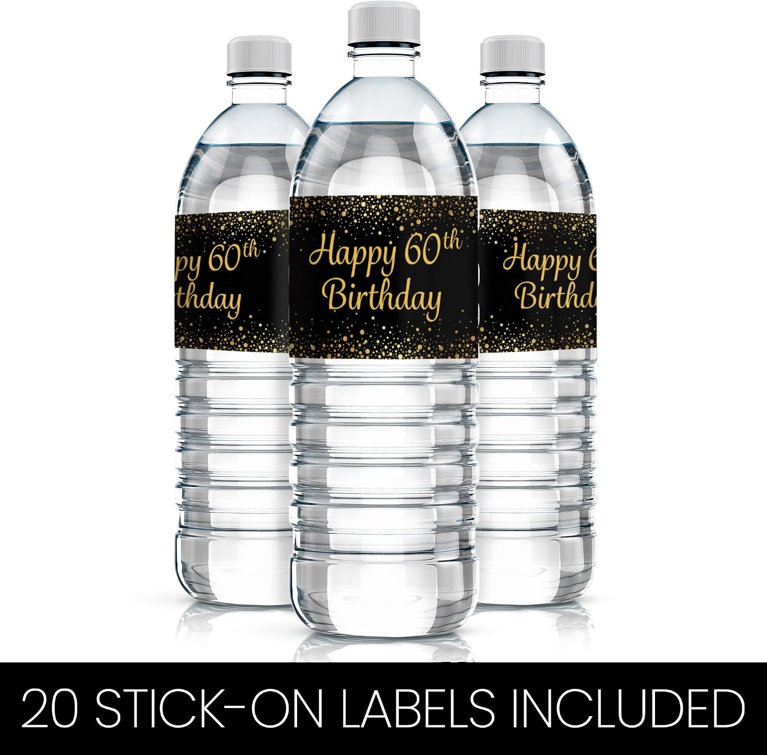 Black and Gold 60th Birthday Party Water Bottle Labels - 20 Stickers, 60th Birthday Decorations