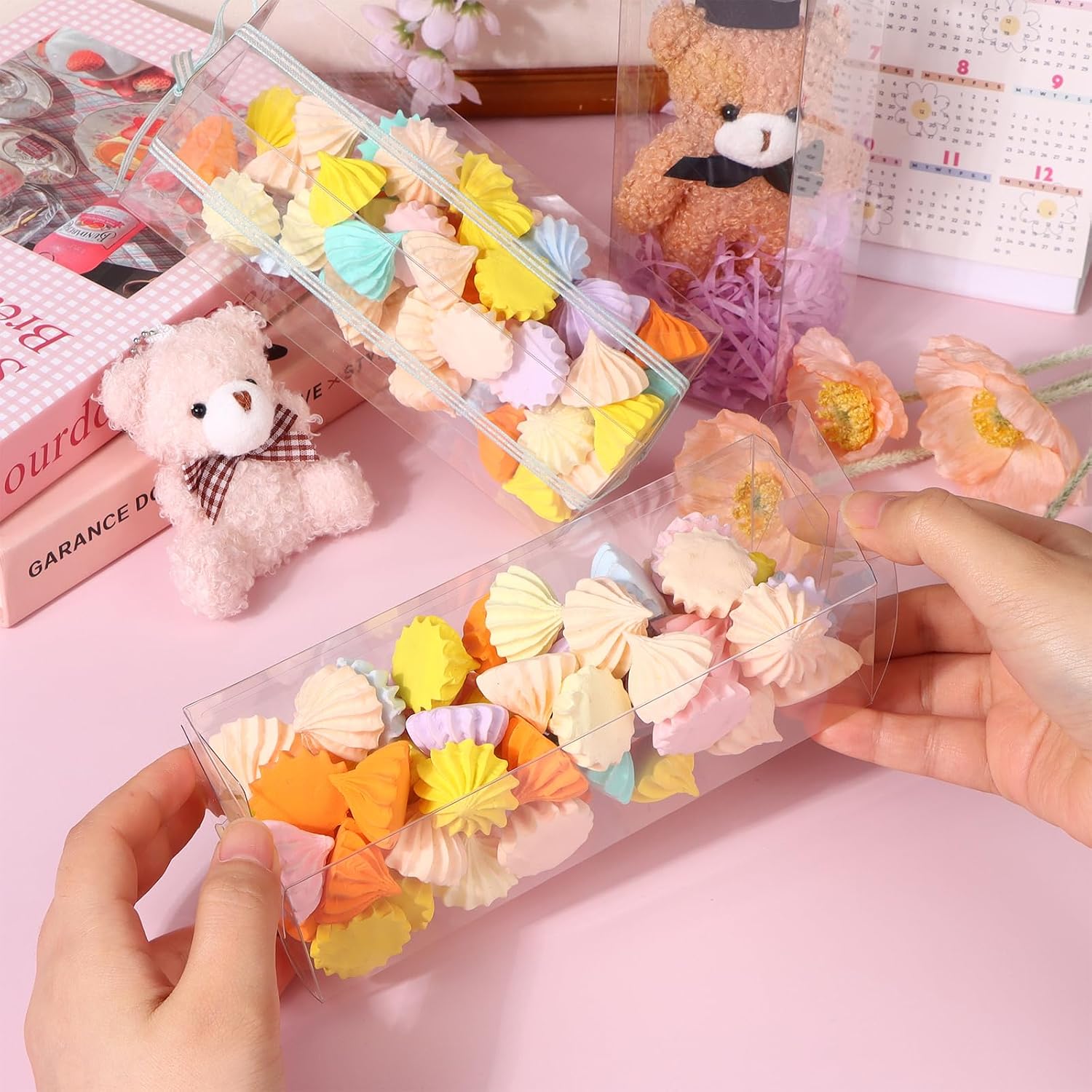 100 PCS Clear PET Plastic Storage Boxes Transparent Present Box Empty Containers Rectangle Cube Candy Chocolate Cookies Treat Case for Christmas,Wedding,Party,Baby Shower (100, 2.5x2.5x7 Inch)